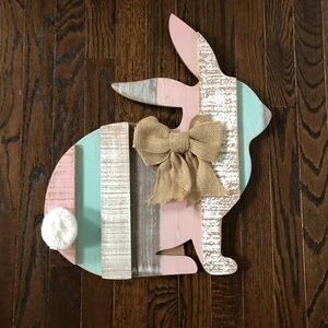 Kirkland’s Home 16”x19” Pink/Green Distressed Wooden Easter Bunny Leaning Sign